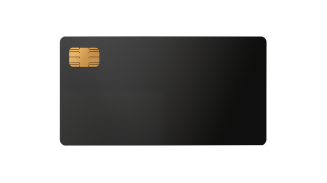 Sleek dark bank card on a transparent background featuring a gold chip.