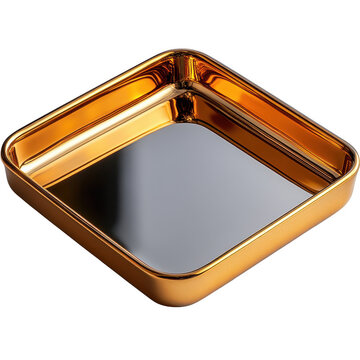 A shiny golden square tray with a reflective surface perfect for serving or display isolated on transparent background