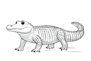 American alligator walking and looking forward in black and white line art illustration