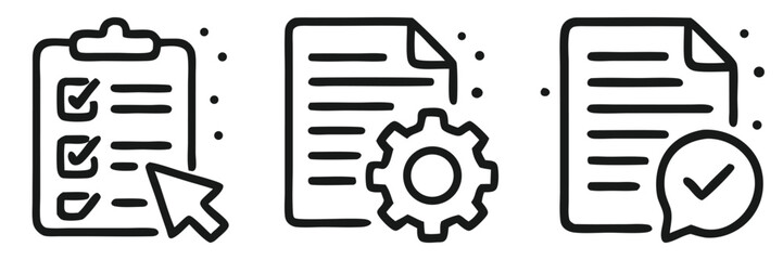 Adaptive learning assessment icon set. Includes icons for online tests, curriculum customization, and personalized feedback. Outline doodle vector for educational technology.