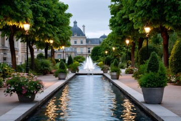 Illuminated fountain and reflecting pool in the beautiful gardens