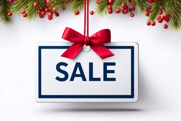 Christmas sale label hanging from fir tree branch with red berries