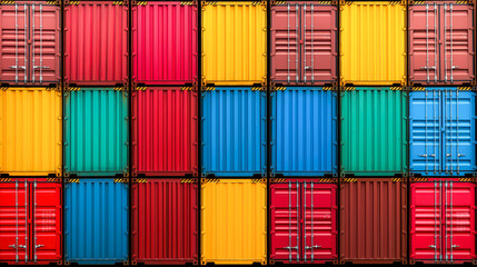 Colorful sea cargo containers stacked in a container yard for business and industrial use, bathed in sunlight.
