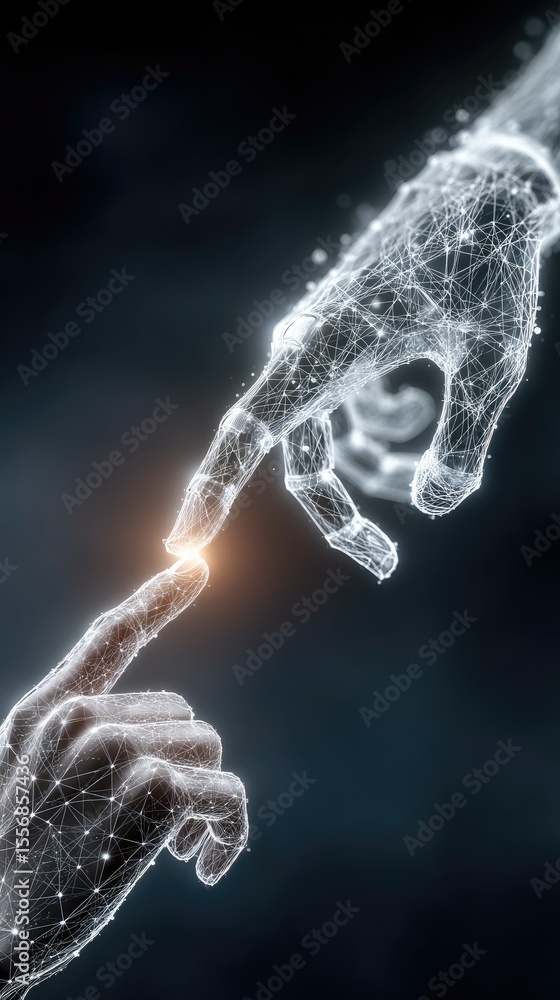 Aufkleber human and robot hands connecting with glowing particles on dark background