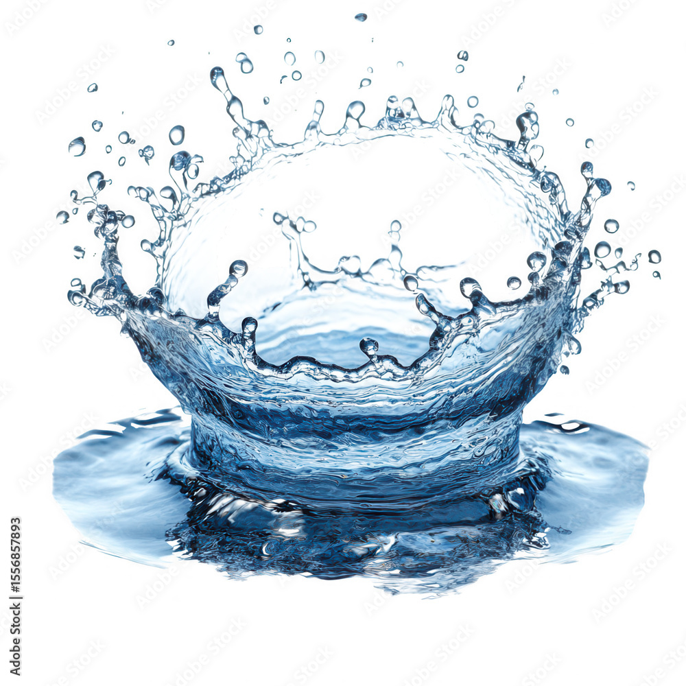 Poster dynamic blue water splash crown shape with many small droplets and ripples frozen in motion isolated