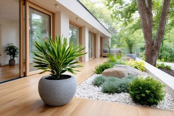 Modern house featuring beautiful garden with decorative plants, rocks and white pebbles