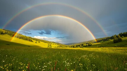 A vibrant double rainbow arcs over a lush green meadow filled with wildflowers under a cloudy sky - Powered by Adobe