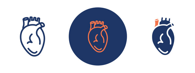 set of colored pixel perfect Heart icon 1 unexanded, 1 silhouette. Anatomical heart icon symbolizing health and circulation.