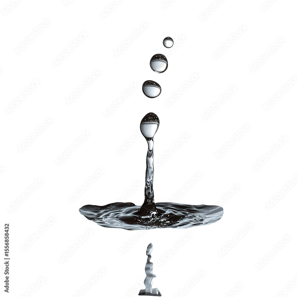 Poster capturing the dynamic motion of water droplets colliding and forming ripples with suspended liquid f
