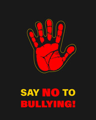 Anti-bullying graphic poster with striking red and yellow hands on black background. Strong visual for campaigns, classroom materials, or activism events.