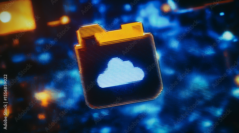 Poster digital cloud file icon: a dynamic digital illustration featuring a luminous file folder icon overla