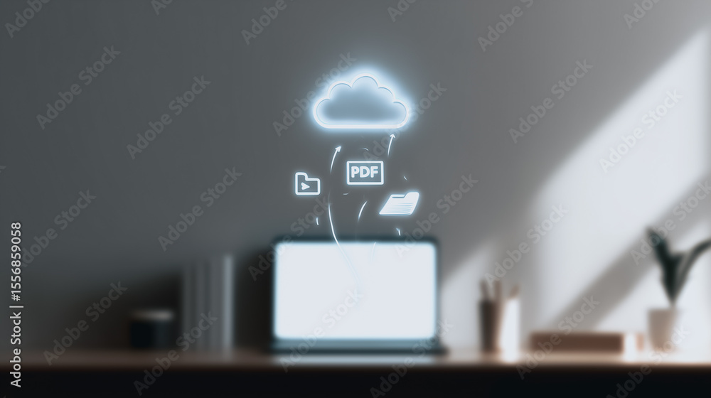 Poster digital data rain: a modern workspace features a sleek laptop, over which digital files 