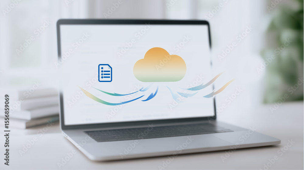 Poster cloud computing connection: a laptop illustrates the seamless integration of cloud computing, with d