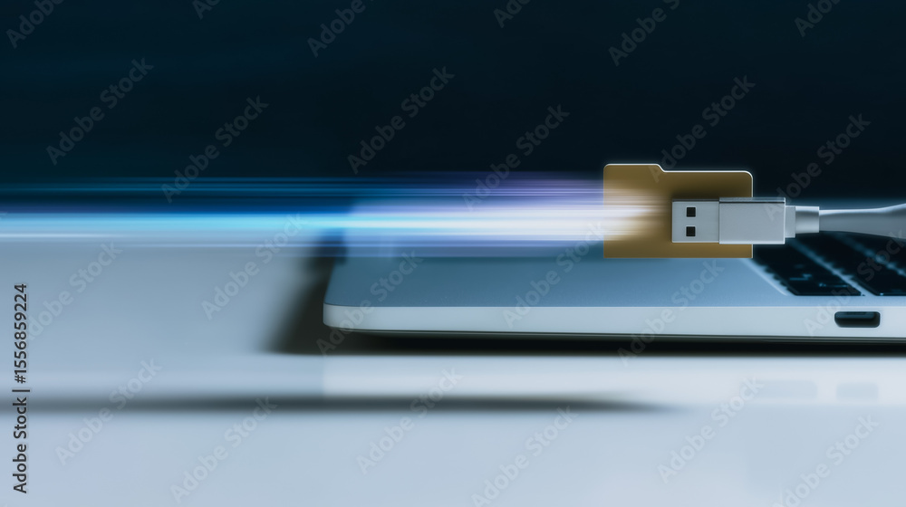 Poster high-speed data transfer: a usb flash drive connects to a laptop, symbolizing rapid data transfer an
