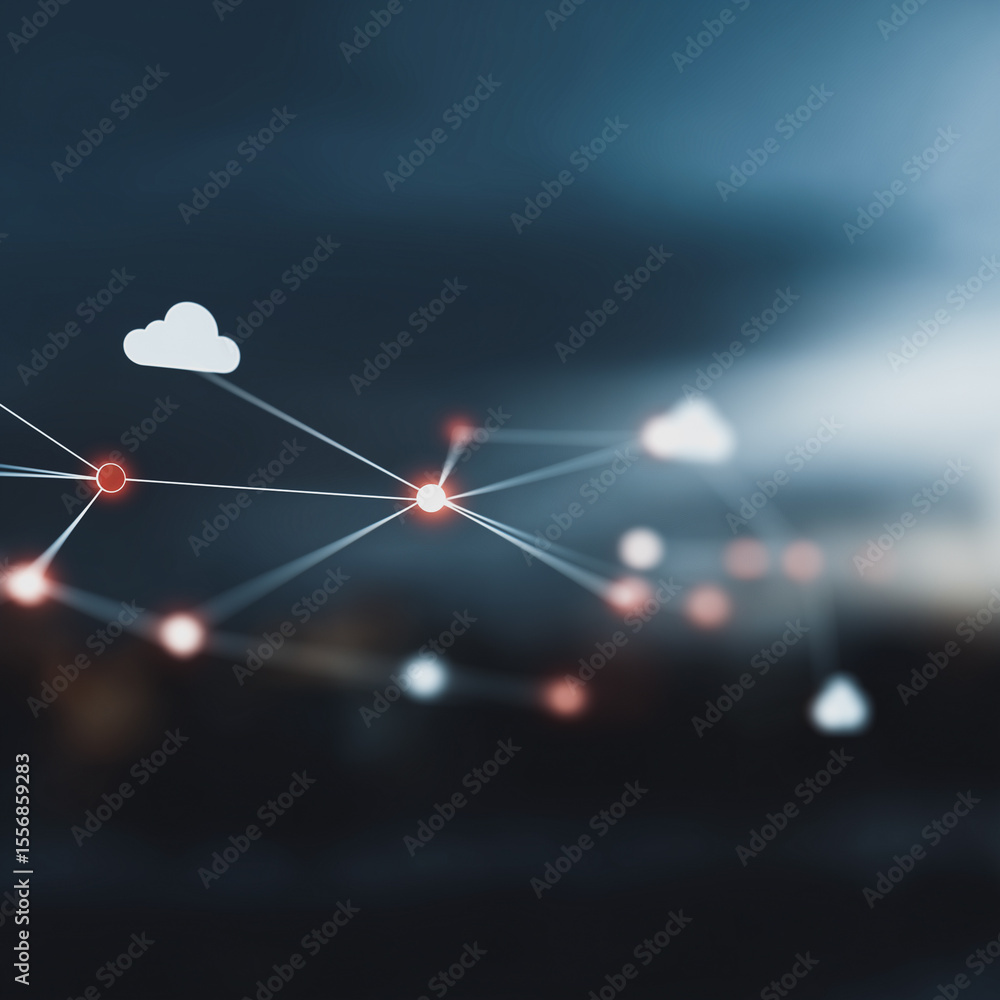 Poster abstract cloud network: an abstract network illustration with nodes connecting to cloud icons, again