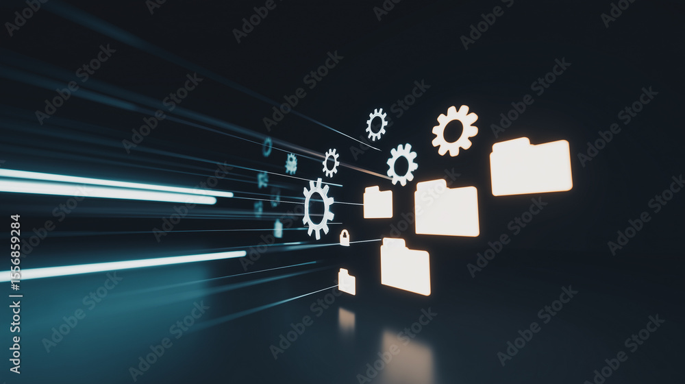 Poster data stream and processing: a stylized visualization of data transfer and processing, featuring fold
