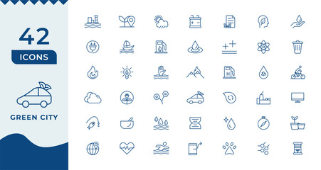 Green city icon set. Eco related line icons: environment, ecology, green energy, zero waste, CO2 neutral, air, water quality, nature and more.