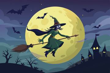 Fototapeta premium Four charming cartoon witches gather around a blazing cauldron outdoors under a starry night sky.