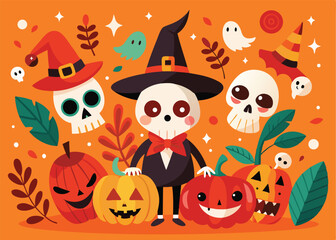 A cheerful and whimsical Halloween illustration features a stylized skull character dressed in a tuxedo and holding pumpkins.