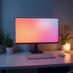 Modern office workspace with computer monitor keyboard and LCD screen