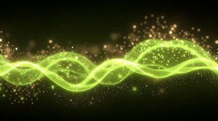 Glowing neon green wave with sparkling fire effect floating on dark background creating dynamic vibrant energy flow bright particles light trails and magical atmosphere with motion - Powered by Adobe