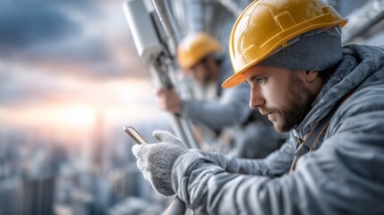 Construction workers monitoring safety on high-rise site urban cityscape action scene sunset light close-up view