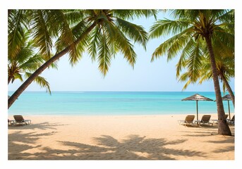 Tropical Beach Scene Idyllic Vacation Paradise with Palms Sand and Ocean on white background