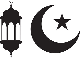 Black Silhouette Islamic Lantern Crescent Moon Star Religious Symbol Design vector