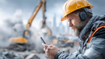 Construction worker engaged with technology at urban job site professional environment close-up perspective
