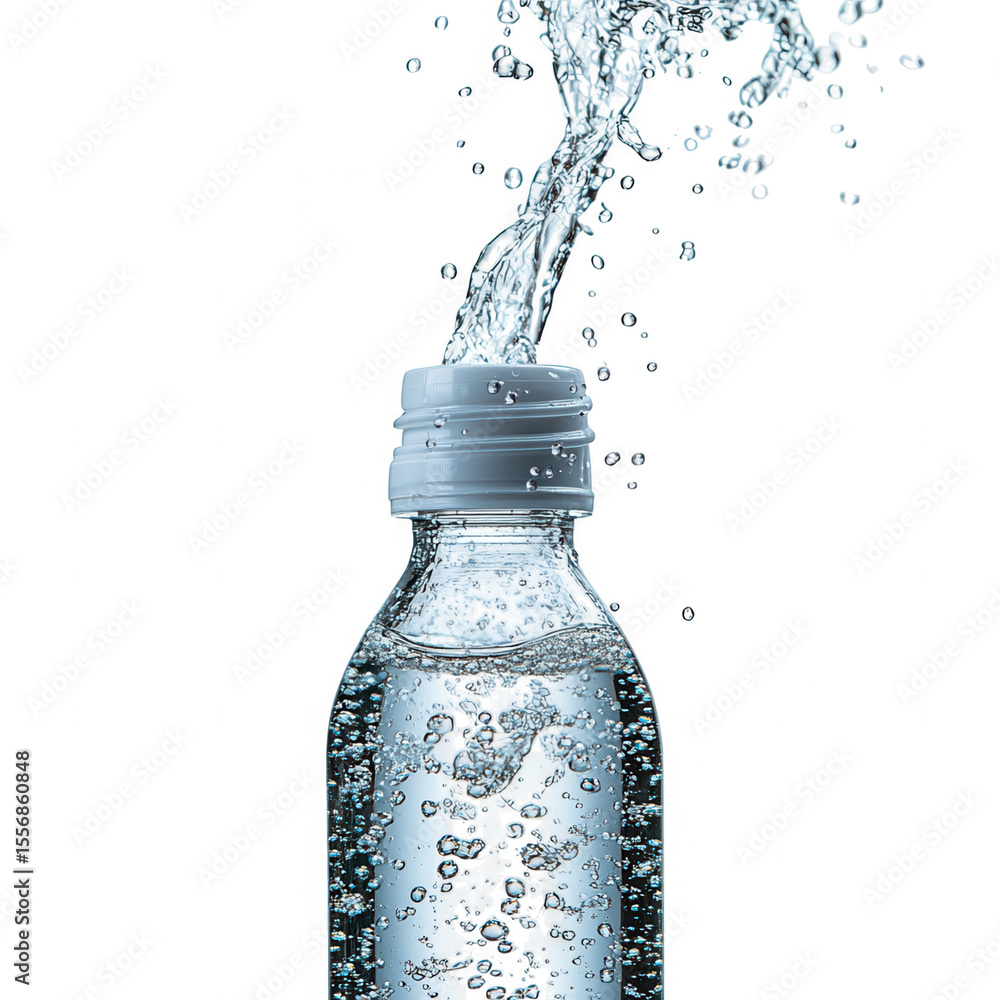 Poster close up of a plastic bottle filled with sparkling water and a dynamic splash of water erupting from