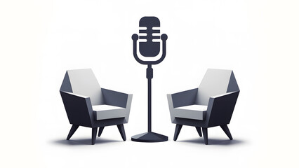 Fototapeta premium Minimalist Black and White Podcast Setup with Two 3d Chairs and Microphone for YouTube Thumbnail