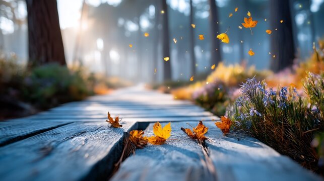 Autumn leaves falling enchanted forest nature photography serene environment low angle view seasonal beauty