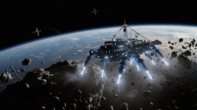 Futuristic spacecraft mining asteroids in space, with Earth visible in the background