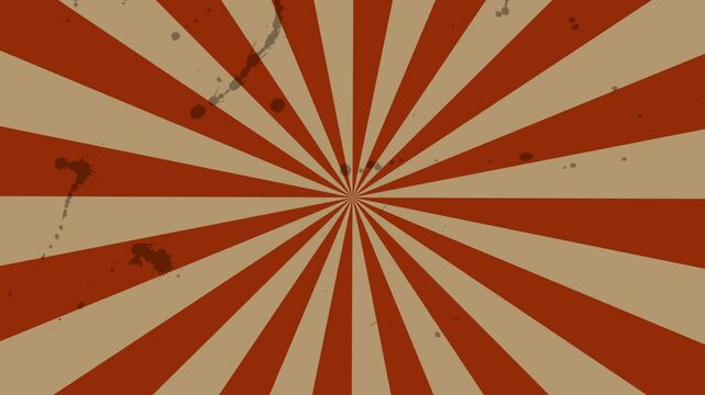 Looping animation of a rotating retro circus carnival background, featuring abstract vintage stripes and sunbeams.