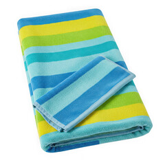 Vibrant striped beach towel and hand towel set featuring bright yellow green and blue hues isolated on transparent background