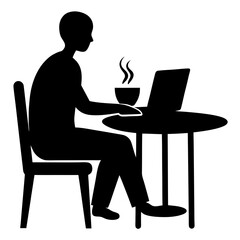 Silhouette of a person working on a laptop with a steaming cup of coffee