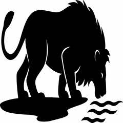 black and white sillhouette of a a lion drink water isolated white background