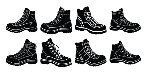 Hiking or mountain shoes silhouette collection isolated on white background.