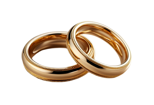 Two gold wedding rings isolated. Jewelry cut out. Marriage symbol display.