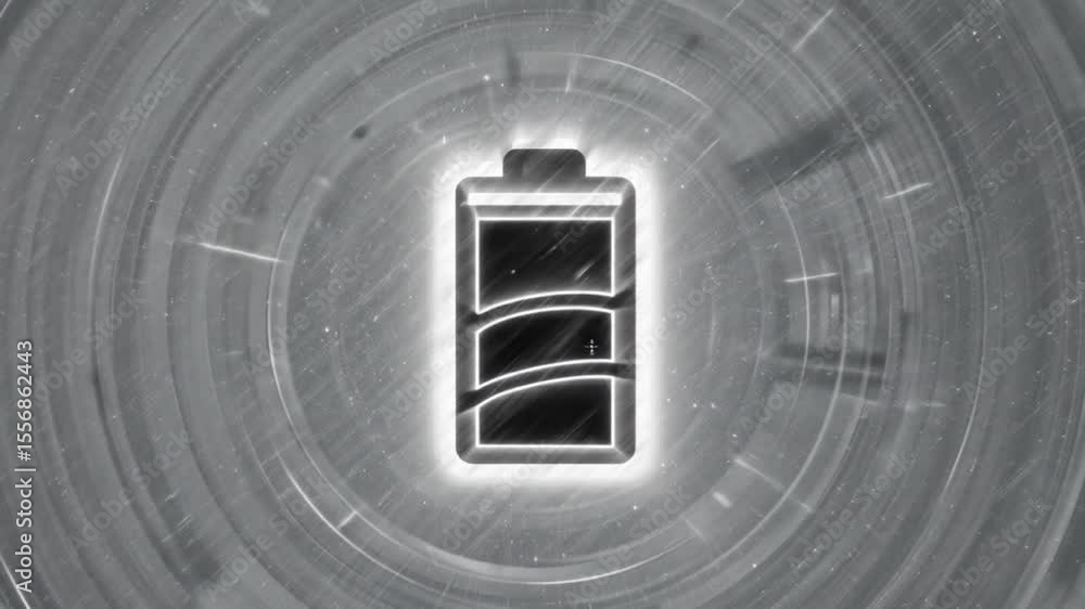 Poster animated battery charge level depletion sequence on a stylized circular background