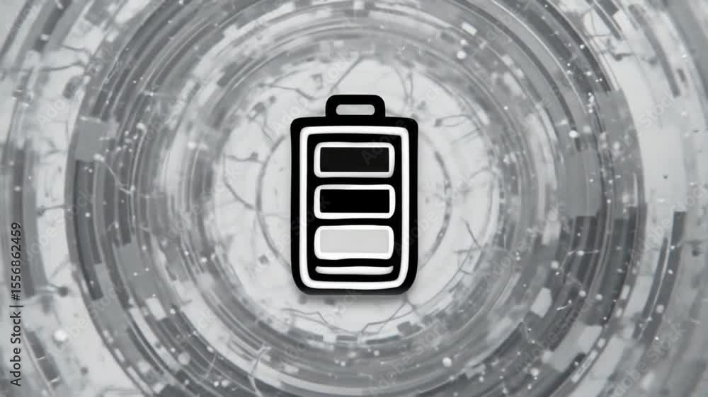 Poster animated battery charge level indicators on futuristic metallic background visual