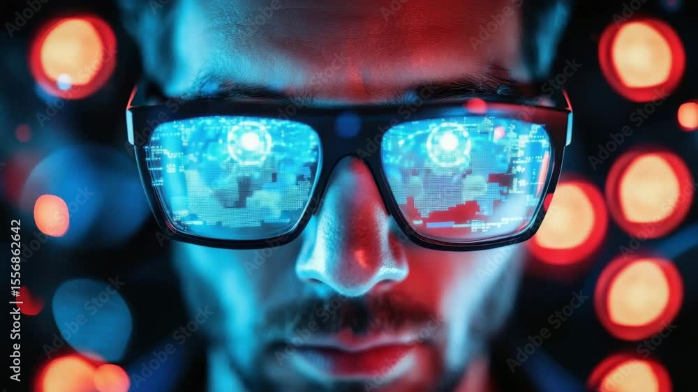 Poster man wearing glasses with digital data reflection and futuristic technology featuring glowing blue an