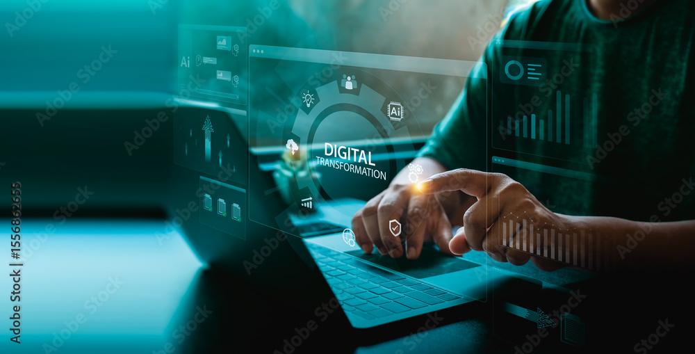 Poster digital transformation interface on a laptop screen with user touching holographic dashboard, ai ico