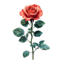 A single vibrant red rose with lush green leaves and a thorny stem meticulously rendered and isolated on transparent background