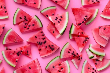 Watermelon slices pink background. (14)