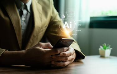 AI language translation assistant on smartphone, multilingual artificial intelligence system supporting global communication in various languages, modern digital tool for international business