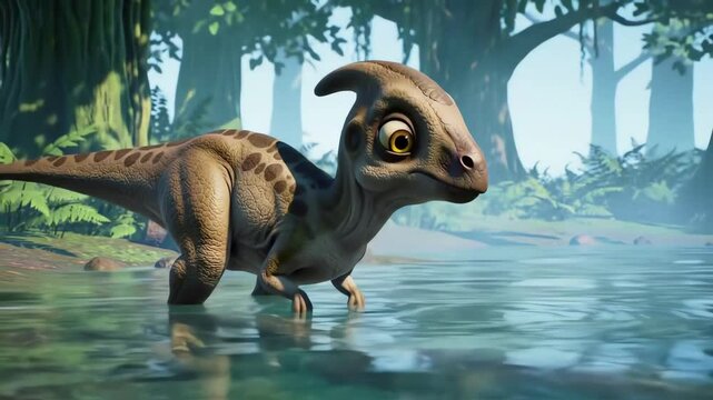 Cartoon baby dinosaur in water forest backdrop brown skin with spots