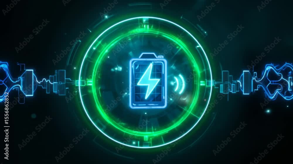 Poster animated green and blue battery charging technology background with circuitry loop