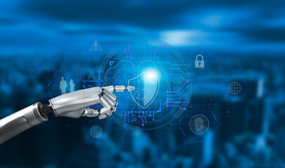 Cybersecurity AI, Robotic hand pointing at digital shield, futuristic technology, digital security.