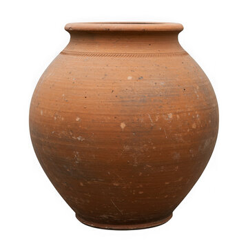 Rustic terracotta amphora pot with decorative rim detail isolated on transparent background
